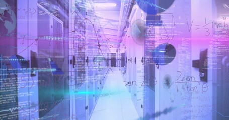 Poster - Displaying server rack aisle glowing purple and blue code overlays in data center, with cable trays
