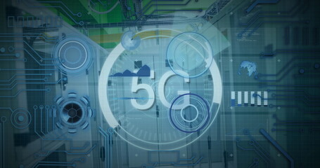 Poster - Displaying rack-mounted servers with glowing 5G holographic gauges in data center, circuit overlay