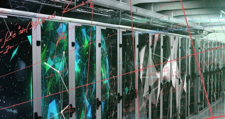 Poster - Displaying server rack cabinets glowing green in server room, with cable trays, floating red grid