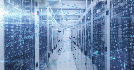 Poster - Lining data center hall server racks housing blinking LED servers and bundled cables, data overlays