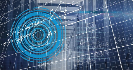 Aufkleber - Central blue concentric circles floating on grid overlay in blurred corridor, with white formulas