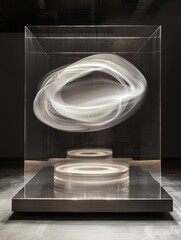 Poster - A holographic installation displaying a rotating abstract form suspended in mid-air.