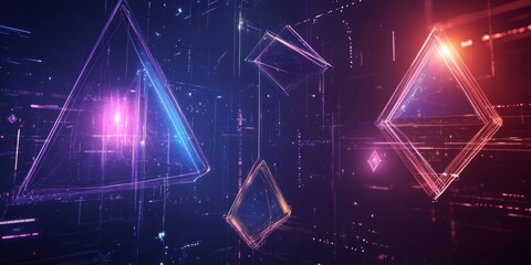 Aufkleber - Abstract Geometric Shapes Floating in a Digital Space with Glowing Light and Data Streams
