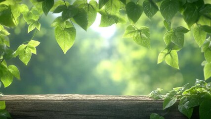 Poster - Wood Table View: Lush green leaves frame a wood table, inviting a sense of natural beauty and tranquility in a refreshing moment.