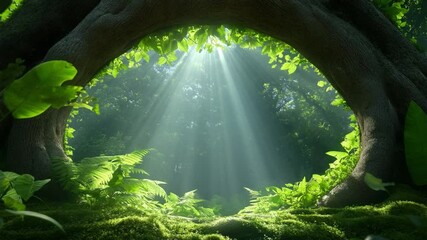 Poster - Forest Archway: A captivating perspective through a natural archway of a forest's trees, allowing sunbeams to pour into the space, creating an awe-inspiring light display