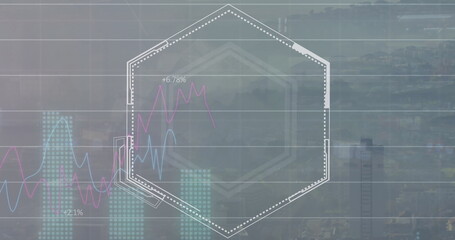 Poster - Hovering white dotted hexagon frame over cityscape, with pink blue line graphs, teal dotted bars