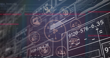 Poster - Image of data processing and media icons over blue background