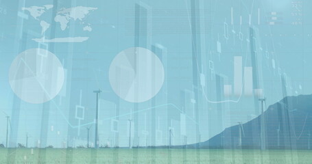 Poster - Showcasing wind turbines between grassy plain and mountain, showing data charts world map skyline