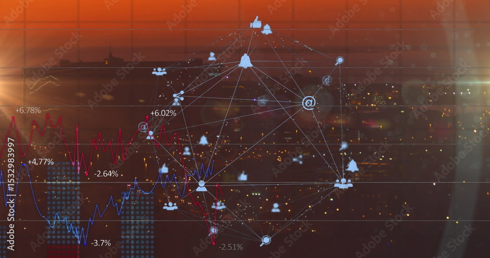 Displaying network graph overlay tracing changing data over city ...
