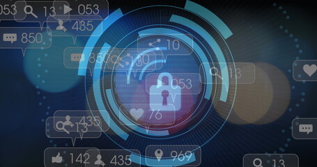Poster - Image of padlock icon and data processing over media icons