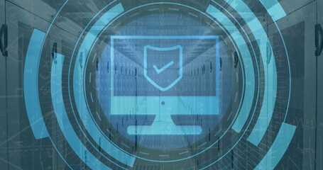 Poster - Image of computer icon and data processing over server room