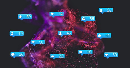 Poster - Swirling purple red particles in cyberspace, with blue social media notification bubbles