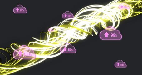 Poster - Flowing neon light stream representing data transfer in dark grey tech space, with pink cloud icons