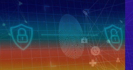 Poster - Connecting central fingerprint icon securing virtual grid environment, with shield padlock theme