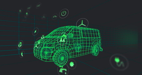 Poster - Rotating neon green wireframe van model in virtual 3D grid, with floating holographic icons