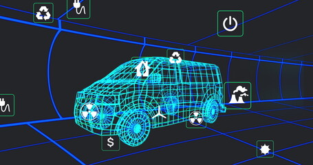 Poster - Moving cyan wireframe van traveling through blue grid tunnel, with floating green energy icons