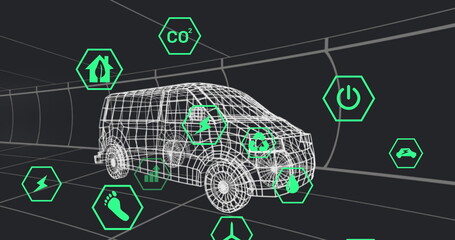 Poster - Displaying wireframe van model sliding through digital tunnel, with floating green hexagon icons
