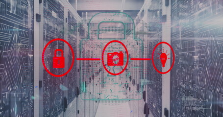 Poster - Featuring digital padlock overlay linking red icons among server racks within data center corridor