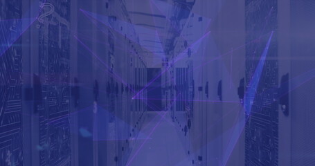 Poster - Showing server corridor with perforated racks, cable trays, lit LEDs in data center