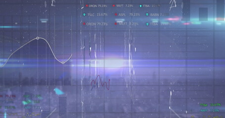Poster - displaying chart at office window, with grid, white and red line graphs, ticker, blurred skyline