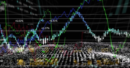 Aufkleber - Streaming 3D market line graphs in virtual space with blurred code plane, candlesticks and % labels