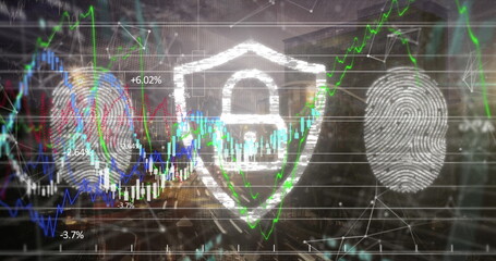Poster - Displaying padlock shield icon securing bank data over skyline, fingerprint outlines, stock charts