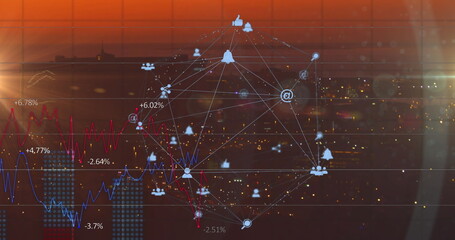 Poster - Displaying network graph overlay tracing changing data over city skyline at dusk, with social icons