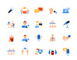 © Rudzhan - Set of icons related to interview. Colorful signs with live broadcast host, journalist, microphone, celebrity and audience. Design for app. Flat vector illustration collection isolated on background