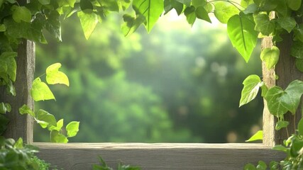 Poster - Nature's Frame: View a tranquil scene through a window adorned with fresh green leaves, providing a vivid glimpse into a vibrant, lush garden.