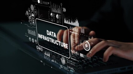 Fototapete - Hands Typing on Laptop with Futuristic Data Infrastructure Graphic Overlay and Digital Elements. Asymptotic smart data analytic.