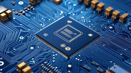 Poster - Close-Up View of a Blue Circuit Board with Microchip and Electronic Components for Technology Backgrounds