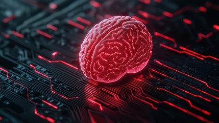 Poster - Futuristic Brain Design with Red LED Lights on Dark Circuit Board Background for Technology and Innovation Concepts