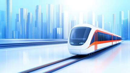 Poster - Modern Train Passing Through a Futuristic City Skyline with Skyscrapers and Bright Blue Sky