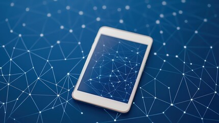 Poster - Modern smartphone on blue background with abstract digital network connections and glowing dots showcasing technology innovation