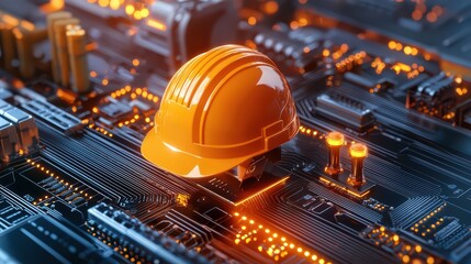Poster - Orange Hard Hat on Circuit Board with Glowing Elements, Symbolizing Technology and Construction Integration