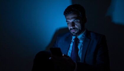 a man deeply engrossed in his mobile phone under blue light