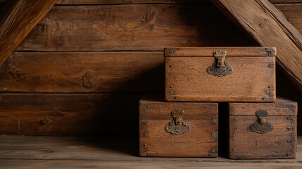 Poster - Vintage Wooden Boxes with Antique Hardware Against a Rustic Wooden Wall in a Cozy Attic Setting