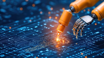 Poster - Robotic Arm Engaging in Precision Laser Etching on Circuit Board Background with Glowing Data Points