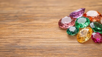 Poster - Colorful Gemstones on Wooden Table Displaying Radiant Reflections and Unique Shapes for Creative Projects and Artworks