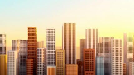 Poster - Vibrant city skyline at sunset with modern buildings and warm tones creating an urban landscape atmosphere