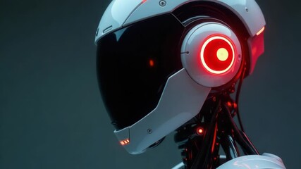 Poster - A close-up view of a robot's head with red lights, suitable for sci-fi or technological illustrations.