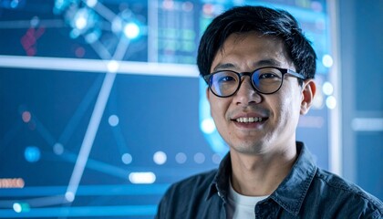 smiling asian man in glasses, standing in front of a futuristic technology background. he exudes con