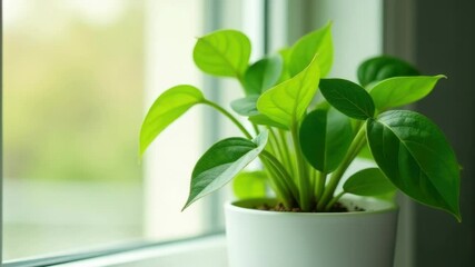 Poster - A single potted plant sitting on a windowsill, great for decorating and interior design inspiration.