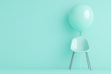 Aufkleber - Aqua Serenity: A lone chair is playfully tethered to a balloon, all rendered in a soothing monochromatic palette creating a minimalist, dreamy atmosphere.