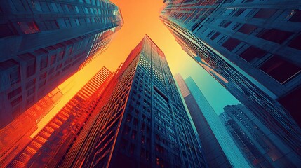 Poster - Urban Digital Architectural Design of Tall Skyscrapers at Sunset