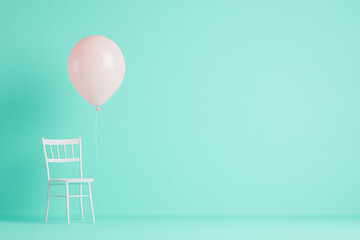 Aufkleber - Balloon tied to white chair. Pink balloon floating above. Studio shot against a light turquoise background. Minimalist and whimsical scene.