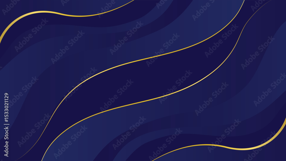 Stylish dark blue abstract background with flowing golden lines and ...