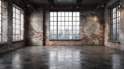 Poster - Stylish Distressed Loft Apartment Living Space with Large Windows