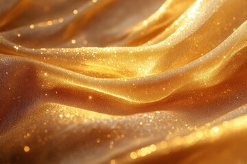Poster - Golden fabric with shimmering texture flowing elegantly in soft waves under warm lighting, creating a rich visual appeal ideal for luxurious backgrounds