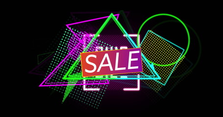 Poster - Displaying gradient badge reading SALE on online ad banner, with neon triangles squares circles